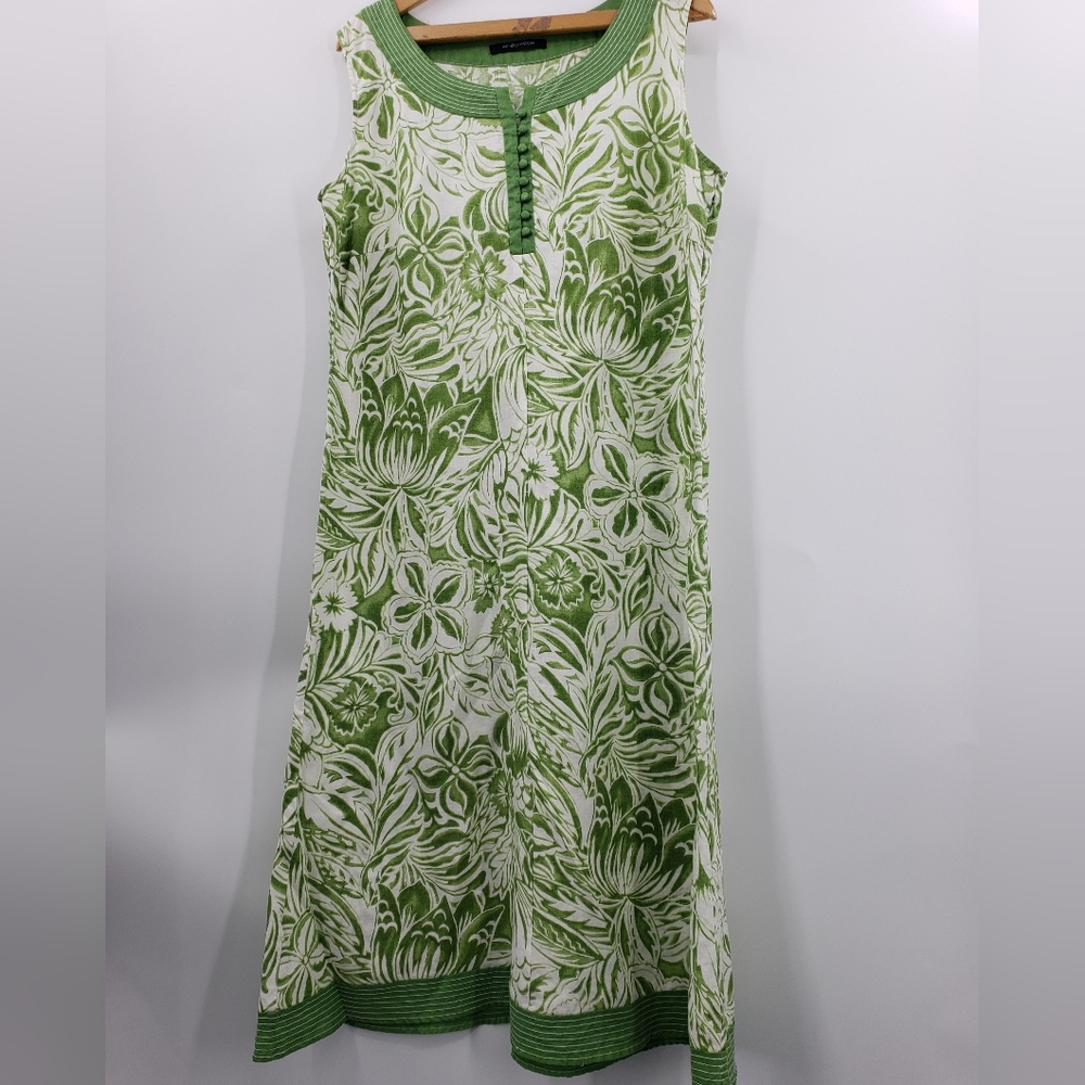 Windsmoor floral leaves green white sleeveless dress 100%lines size 16